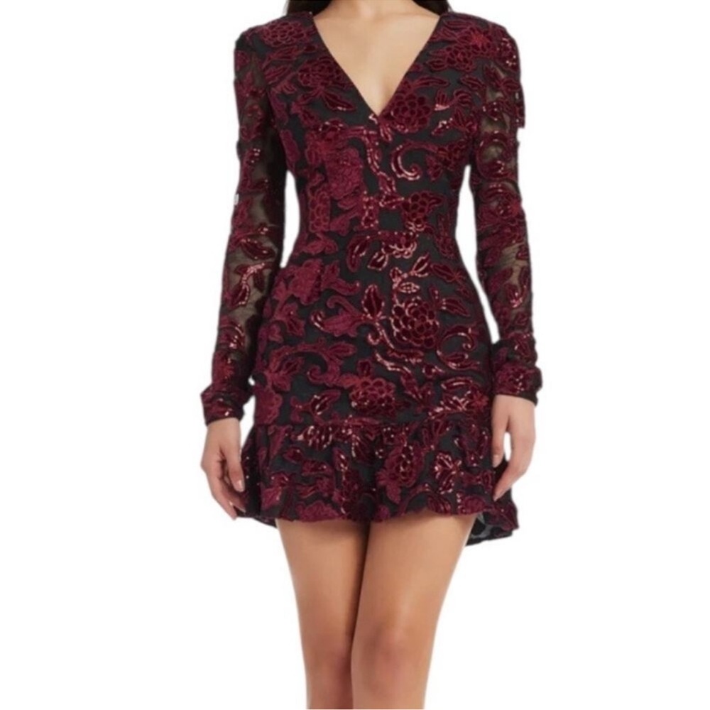 Dress the Population dress Kelsey Sequin Floral Long Sleeve Minidress Large L